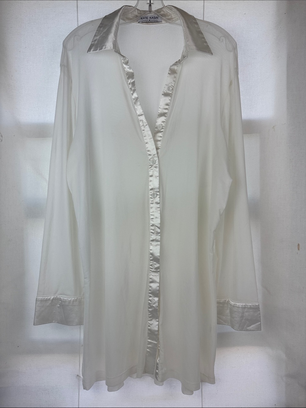 Kate Kasin White Satin-Trim mesh sheer button down shirt top cover sleep robe M
